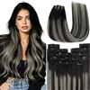 YoungSee Extension Capelli Veri Clip Ombre Nero 55cm 7pcs 120g Extension Capelli Clip Neri Extensions Clips Balayage Extensions Veri Clips Nero Balayage Argento Clips-in Human Hair #1B/Silver/1B