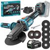 SEESII Smerigliatrice Angolare 21V - Batteria 5.0Ah + Regolazione Velocità | Testa piatta, 6 velocità (12000 giri/min), Stop anticaduta + Ripartenza + Avvio morbido + Sovraccarico, Dischi 115-125mm