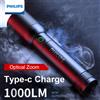 Philips Torcia portatile con zoom ottico Philips con 4 modalità di illuminazione USB C ricaricabile per campeggio di autodifesa