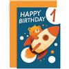 Old English Company Biglietto di auguri per il primo compleanno per ragazzo o ragazza, simpatico orso, razzo, luna, stelle, biglietto di compleanno per bambini, figlio, figlia, nipote, nipote, biglietti di compleanno