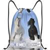 Kfjghhl Cavalli bianchi e neri in esecuzione con coulisse zaino borsa sportiva Bulk Cinch borsa da palestra donna uomo bambini sport all'aperto, Nero , S, Vacanze