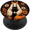 4GhostLovers Carino Fantasma Gatto Nero Halloween Floreale Zucca Donne Rag PopSockets PopGrip Adesivo