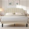 VECELO Letto matrimoniale imbottito 140 x 190 cm, telaio letto con testiera del letto, supporto a doghe in legno solido, tessuto in velluto di alta gamma, facile da montare, beige