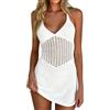 EBANKU Mini abito da donna con allacciatura al collo, da spiaggia, con scollo a V lavorato a maglia, con inserto in pizzo