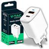 V-TAC Caricatore Rapido USB-C 20W per Iphone e Samsung - [SUPER PICCOLO] - per Smartphone e Dispositivi - 2 Porte: Type C + USB A - Compatibile Iphone 14/15/16/17 PRO/MAX e Galaxy S25 / S26 / A56