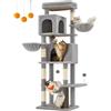 Feandrea Albero per Gatti Grande, Torre Tiragraffi Alto 175 cm, Multilivelli con 2 Grotte, 2 Cestini, 5 Graffiatoi, Autospazzola, Trespolo, Amaca, Grigio Tortora PCT182G01
