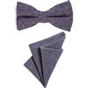 DonDon papillon da uomo 12 x 6 cm con fazzoletto da taschino abbinato di forma quadrata 23 x 23 cm entrambi in tweed di cotone a scacchi grigio-nero