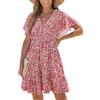 CUPSHE Mini abito estivo da donna con scollo a V floreale manica corta svolazzante boho spiaggia orlo a volant abiti a linea fluida rayon vacanza outfit, Rosso, S