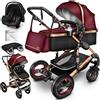 KIDUKU® 3 in 1 Passeggino Completo Trio | Passeggino Sistema Combinato con Navicella Ovetto Seggiolino Auto Coprigambe | Pneumatici in Gomma Dura Borsa Fasciatoio Tavolo per Bambini ECE R129