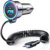 FLYLEAD 2026 90W 3 Porte Caricabatterie Auto USB C, PD3.0 & QC3.0 Veloce Caricatore auto con 1.5M [Mantieni l'ordine] Cavo a Spirale di Tipo C Super Veloce, Accendisigari per iPhone 17, Samsung S25, Android