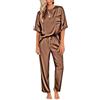 Ekouaer Donna Pigiama Estivo Pigiami Due Pezzi Manica Corta Satin Camicia da Notte Pantaloni Elegante, Marrone, S