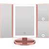 WEILY Specchio Trucco con Luci, specchio Ingranditore con 1X/2X/3X, Specchio Led Trucco Tri-Fold con Touch Screen, Specchio da Tavolo Supporto USB e Batteria (Oro Rosa)