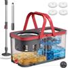 SONGMICS Mocio Rotante con Secchio, Separazione Acqua Pulita e Sporca, Cestello in Acciaio Inox, 4 Panni in Microfibra, con Ruote, 47,5 x 25,5 x 24 cm, Grigio e Rosso, Collezione CLEMAX LMB004GT04