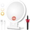 Auxmir Specchio Trucco con Luci LED, Specchio Ingranditore 20X/1X a Doppio Lato, Luminosità Regolabile a 3 Colori, Specchio da Tavolo Pieghevole con Foro per Appendere, Ricaricabile e Portatile