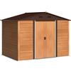 Outsunny Casetta da Giardino 4.84m² in Acciaio Zincato con Fori di Drenaggio Prese d'Aria, Capanno Porta Attrezzi con Tetto Inclinato, Doppie Porte Scorrevoli Bloccabili, Design Effetto Legno, Marrone