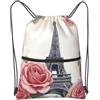 SMAZDFXX Zaino con coulisse e cerniera, motivo: Torre Eiffel, stampa di fiori di rosa, sacco da palestra con tasca portaoggetti per palestra, yoga, viaggi