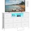 SONGMICS Cassettiera con 8 Cassetti, Mobile Porta TV in Acciaio e Tessuto, con Luci LED, Prese CA e USB, 113,8 x 30 x 68,1 cm, Bianco Nuvola, per Camera da Letto, Collezione Bellah LGS433WH02