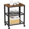 VASAGLE Carrello di Servizio a 3 Livelli, 60 x 40 x 77,8 cm, Carrello da Cucina, Stile Rustico, Pannello di Truciolato, Acciaio, per Cucina e Soggiorno, Marrone Vintage e Nero Inchiostro LRC78X