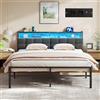VASAGLE Struttura Letto Matrimoniale in Acciaio, con Luci LED e Prese, 218,3 x 160,5 x 104,5 cm, Nero Opaco, Testiera Imbottita, Spazio Sotto il Letto, Collezione Conner RMB125G101
