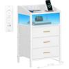 Hzuaneri Comodini con Luci LED e Stazione di Ricarica, Tavolino con 3 Cassetti in Tessuto, con Porte USB e Presa Type-C, Comodini per Camera da Letto, Soggiorno, Bianco NS31013W