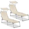 SONGMICS Sedie a Sdraio Pieghevoli, 189 x 53 x 28,5 cm, Lettini Prendisole, Portata 110 kg Ciascuno, Parasole e Schienale Regolabili, per Terrazza e Balcone, Set da 2, Beige GCB294WZ02