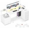 YOUDENOVA Scrivania a forma di L con cassetti, 150 x 80 cm, scrivania angolare con LED, presa e USB, tavolo da gioco reversibile con supporto per monitor, spazio portaoggetti, scrivania per computer