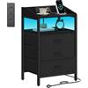 Hzuaneri Comodini con Luci LED e Stazione di Ricarica, Tavolino con 3 Cassetti in Tessuto, con Porte USB e Presa Type-C, Comodini per Camera da Letto, Soggiorno, Nero NS36304B