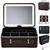 Faquenc Valigetta Trucchi con specchio LED grande Beauty Case con specchio luminoso rimovibile Valigetta Estetista portatile in pelle PU Borsa Trucco con divisorio e porta pennelli Makeup Case, Marrone scuro
