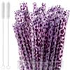 Xuwajeyu 20 colli di paglia leopardati, riutilizzabili, con stampa leopardata, lunghi, color viola, per feste, cocktail e bicchieri