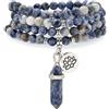 Self-Discovery Mala Collana con bracciale e 108 perle di preghiera Mala naturali con ciondolo di loto e ciondolo prisma esagonale di quarzo Reiki (Sodalite)