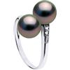 PEARLS & COLORS - Anello Contrarie In Oro e Diamanti 0,020 Carati con vere Perle coltivate di Tahiti Rotonde 8-9 mm - Qualità A+ - Gioiello da donna