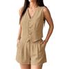shownicer Tailleur Donna Eleganti Pantaloncini e Gilet Completo Senza Maniche in Cotone e Lino Tuta Pantaloni Corti 2 Pezzi Set