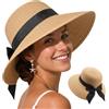 powerking Cappello da sole da donna, cappello di paglia da donna, a tesa larga, protezione dai raggi UV, pieghevole, da spiaggia