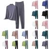 Générique Pijamas - Pantaloni lunghi lunghi e fluidi da donna, set di 2 pezzi, a collo alto, a maniche lunghe, loungewear per la casa, leggeri, abbigliamento da notte casual tinta unita