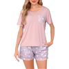 Sopesil Pigiama Donna Estivo Corto Pigiama Set Scollo a V con Maniche Corte e Pantaloncini Pigiami Donna Estivi con Tasche Coulisse,XXL,Stella-Rosa