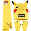 Pokémon Guanti, Sciarpa e Berretto Bambino 8-10 Anni, 3 Pz Morbido Pikachu Accessori Invernali, Anime Regalo Ragazzo