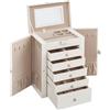SONGMICS Scatola Portagioie a 6 livelli, Porta Gioielli con 5 Cassetti, Capiente, con Specchio Interno, Chiusura a Chiave, Cofanetto Portagioie, Idea Regalo, per Orologi, Bianco JBC152W01