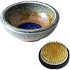 Wazakura Minoyaki Kit Strumenti Essenziali per Ikebana - Vaso Rotondo in Ceramica per Fiori e Pin Kenzan (Vaso Marrone E Blu + Kenzan in Ottone da 61 Mm)