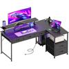 Flrrtenv Scrivania per computer grande da 140 cm, con 5 cassetti in tessuto, scrivania da lavoro per casa e ufficio con prese di corrente e supporto per monitor, scrivania da gioco a forma di L con