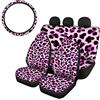 SEANATIVE, Set di 4 coprisedili per auto, con coprisedili anteriori, coprisedile posteriore e coprivolante, elasticizzati, alla moda, colore rosa, motivo femminile con stampa leopardata