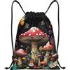SMAZDFXX Zaino con coulisse Borsa sportiva da palestra Funghi e farfalle su sfondo nero Borse con coulisse per palestra Sport Yoga Viaggio Piccolo