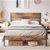 VECELO Struttura per letto 140 x 200 cm in metallo con rete a doghe, stabile letto matrimoniale con testiera in legno, portata 320 kg, 31 cm di capienza, facile montaggio, stile industriale, marrone