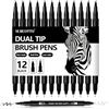 Surcotto Dual Brush Pen - Set di 12 pennarelli neri spessi e sottili, per bullet journal, calligrafia, manga, schizzi, libri da colorare e lettering a mano