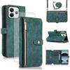 Asuwish Custodia per Xiaomi Redmi Note 14 5G, con nastro, pellicola protettiva per carte di credito, pieghevole, in pelle, supporto Poco M7 Pro/Note14 G5, con chiusura lampo, colore: verde