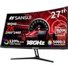 SANSUI Monitor da gioco curvo WQHD 2560X1440 da 27 pollici, monitor per computer MPRT 1 ms, HDMI2.0 x 2, DP1.2 x 2, Freesync, curva 1500R, rapporto di contrasto 5000:1, 120% sRGB, HDR (ES-G27C1