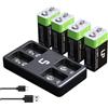LP Batterie al litio ricaricabili LP da 9 V, confezione da 4 batterie da 500 mAh da 9 V con stazione di ricarica micro USB, batteria ricaricabile a lunga durata da 9 Volt per rilevatori di fumo