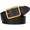 LEACOOLKEY Cintura da donna in pelle nera con classica fibbia quadrata, cintura da donna per pantaloni jeans, larghezza 3,3 cm, C-nero (oro antico), S Fit Taillenumfang 66cm-81cm(Länge100cm)