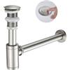KEOKBON Set sifone in acciaio inox, 1 1/4 x 32 mm, per lavabo, sifone pop up senza troppopieno, tappo di scarico, chiusura per la pulizia, sifone tubolare, nichel spazzolato