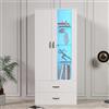 Merax Vetrina a LED bianca, 182 cm, con ante in vetro e acrilico, con 5 scomparti e 2 cassetti, vetrina in vetro con controllo tramite app, armadio da soggiorno lucido multifunzione