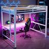 Autheria Letto a soppalco da gaming in metallo 140x200cm con striscia LED .Letto a castello con stazione di ricarica USB e scrivania,letto matrimoniale Bianco(Senza Materasso)
